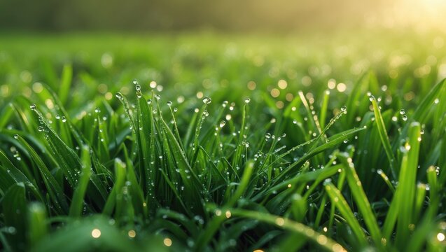 Close-up view of fresh green grass with dew drops shimmering in gentle natural light. This lively and refreshing nature image encapsulates the essence of a calm and tranquil morning.