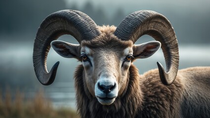 Fototapeta premium Close-up view of the head and horns of a wild big horned sheep. The background features a neutral grey fog over a lake.