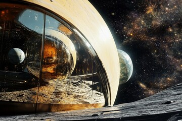 Reflections of Celestial Bodies in a Mesmerizing Glass Structure Under the Cosmos. Generative AI