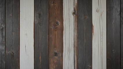 Fototapeta premium Reclaimed wood surface in dark brown and white featuring aged boards arranged. Painted wooden planks on a wall or floor showcasing grain and texture. Vintage wood background in neutral flat tones.