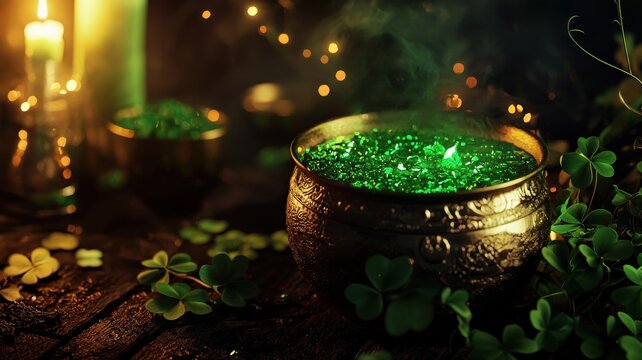 A festive St. Patrick's Day background with lucky green shamrocks, gold coins, and sparkling bokeh lights, with copy space for a message.

