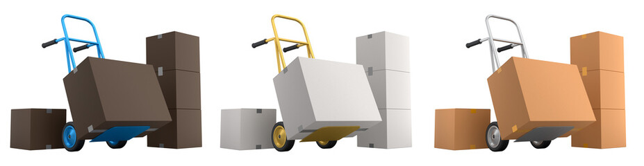 Set of Airport luggage cart or baggage trolley side with stack of cardboard boxes or cartons on white background. 3d render element of airport or warehouse service