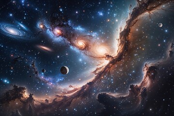 Fototapeta premium Breathtaking Cosmic Display Filled with Galaxies, Stars, and Moons in a Celestial Tapestry