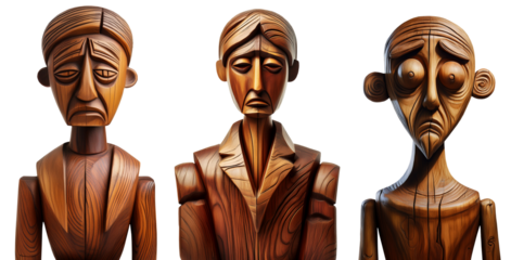 Wooden sculpture of a man with a sad face, symbol of human mental suffering, depression and sadness. Isolated on white or transparent background. Collection and variation. Png. Generative Ai.