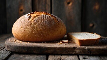 Freshly baked sliced bread on a rustic wooden surface.