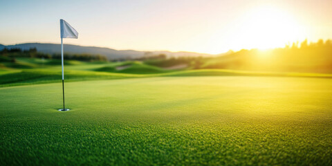serene golf course putting green with flag, bathed in warm sunlight, invites players to enjoy peaceful game amidst nature beauty
