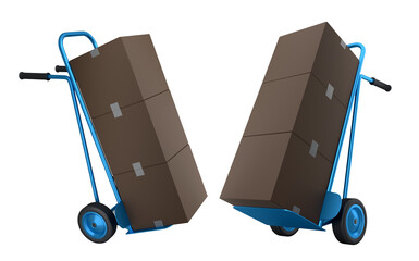 Set of Airport luggage cart or baggage trolley side with stack of cardboard boxes or cartons on white background. 3d render element of airport or warehouse service