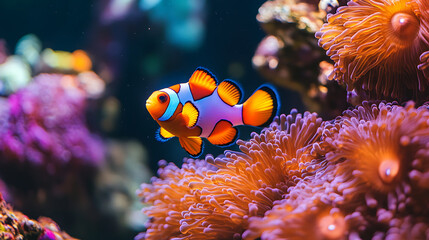Colorful clownfish swimming in an aquarium, resting in anemone, and exploring a vibrant coral reef