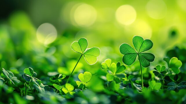 A festive St. Patrick's Day background with lucky green shamrocks, gold coins, and sparkling bokeh lights, with copy space for a message.

