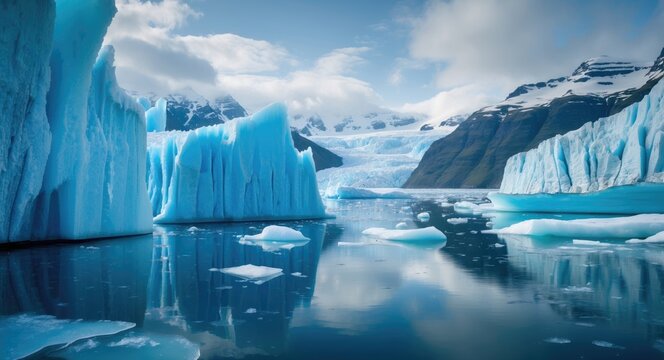 Glacier and mountains mirrored in icy waters at Bay National Park and Preserve.