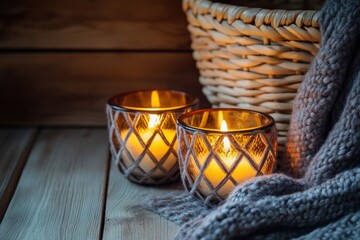 Obraz premium Amber glass candle holders with burning candles and a basket on a wooden surface indoorskayum12196@gmail.com