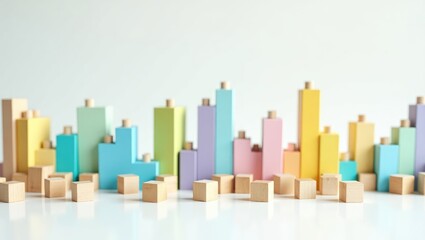 Spectrum of stacked multi-colored wooden blocks with white space in front. Background or cover for something artistic, varied, expanding, rising or growing. Slanted perspective.