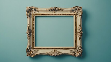 Vintage Ornate Picture Frame with Empty Center on Soft Blue Backdrop
