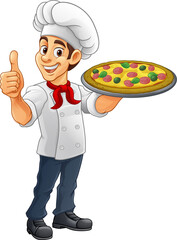 A chef cook holding a pizza cartoon food man mascot character illustration