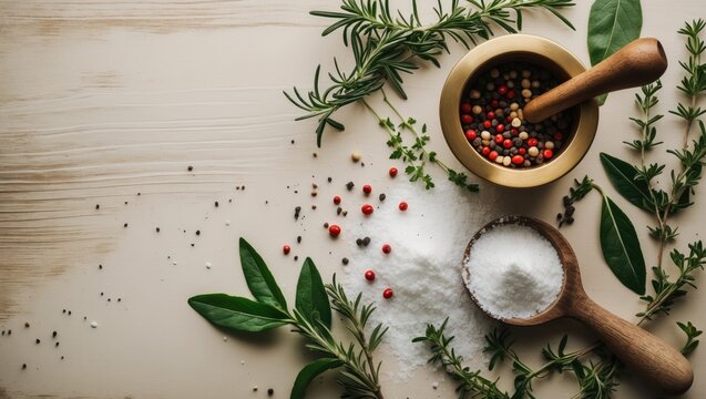Fresh herbs viewed from above on a wooden surface, accompanied by salt and pepper, featuring space for text.
