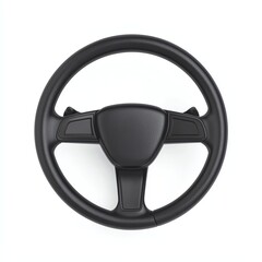 Close-up of a black car steering wheel, isolated on a white background.