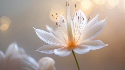 Naklejka premium Delicate white flower in focus with soft petals, showcasing slender stamens elegantly extending, producing an ethereal, tranquil atmosphere.