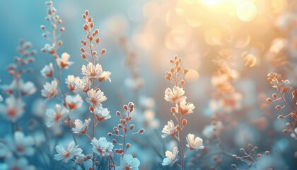 A field of white flowers with a blue sky in the background