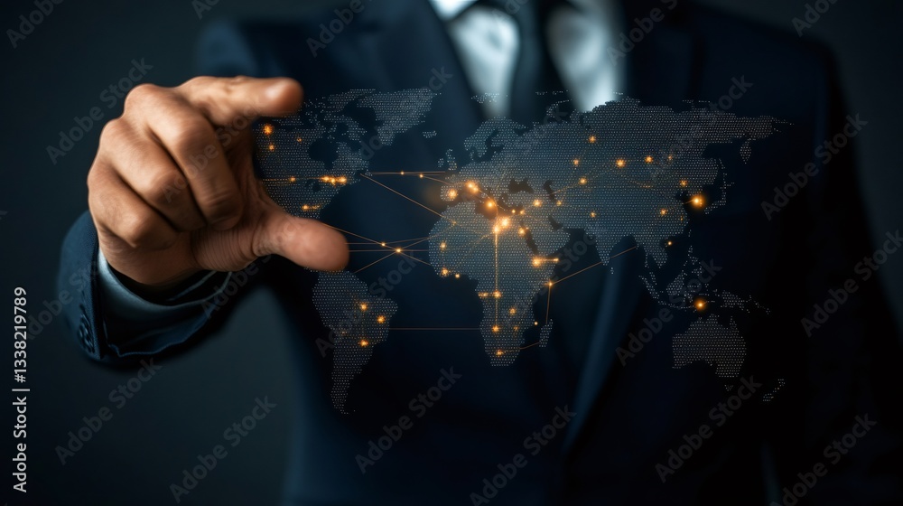 Aufkleber Businessman navigating global network connections with interactive world map