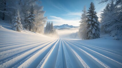 Fototapeta premium Freshly groomed ski run slope with a blurred mountain peak in the background.