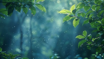 A forest scene with raindrops on the leaves