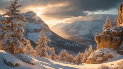 Stunning winter scenery showcasing snow-covered mountains illuminated by the golden morning light. Snow-draped trees and rocks are prominent in the foreground. Hiking and healthy lifestyle.