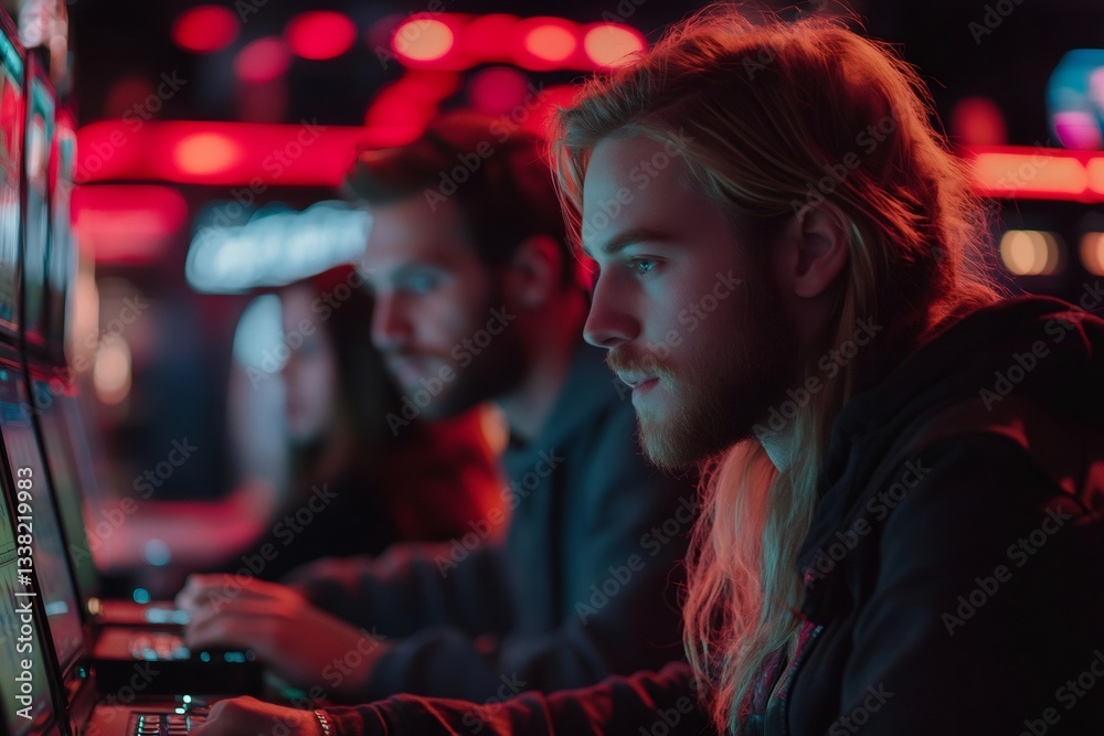 Leinwandbilder Software developers working on multiple computer screens in office at night