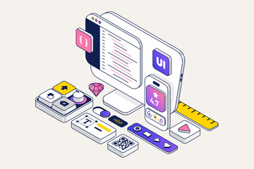 User Interface UI and User Experience UX design. Interface construction. Mobile and web application, program development. Trendy isometric illustration for web on white background. Vector Illustration