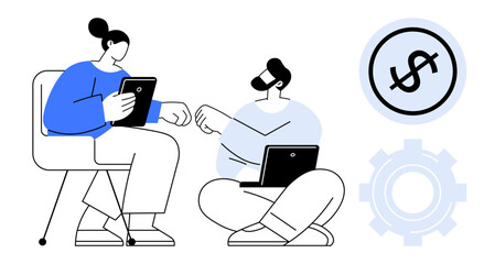 Two people using tablet and laptop sharing ideas, with dollar sign and gear representing finance and teamwork. Ideal for networking, productivity, finance, business, strategy, collaboration, modern