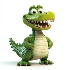 3D cartoon, a happy, cute alligator with big teeth character on a white background