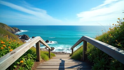 Obraz premium Wooden stairs on an empty stairway leading downwards. Ocean or seascape view.
