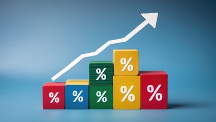 Wooden blocks displaying percentage signs symbolize rate increase and sales increase.