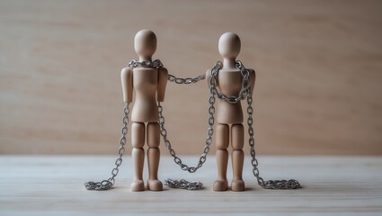 Wooden pawn connected by chains to their partner - Concept of toxic relationship, love, domination, and control.