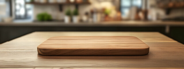 Wooden kitchen table with an empty rectangular wooden cheese board on a blurred background