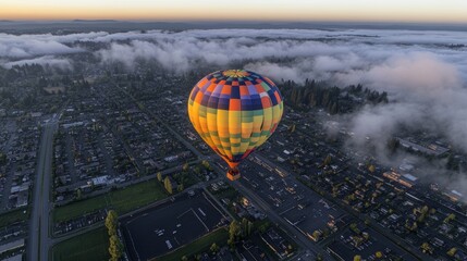 Aerial view of a colorful hot air balloon over a town shrouded in morning mist