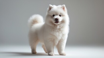 Samoyed puppy modeling in the studio.