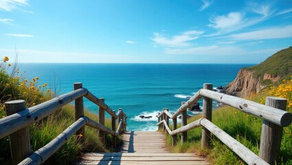 Wooden stairs on an unoccupied wooden staircase descending. Seascape or view of the ocean.