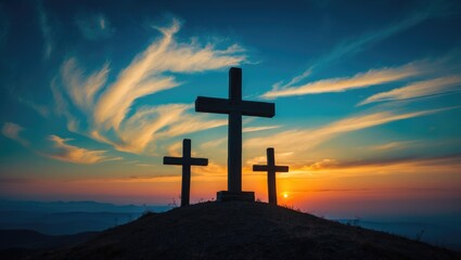Wooden cross against a sunset sky backdrop.