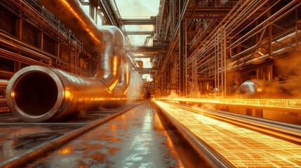 Fototapeta premium Industrial Pipeline Network Refinery Petrochemical Plant Energy Oil Gas Steel Facto