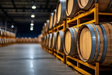 Oak barrels resting and aging in winery warehouse