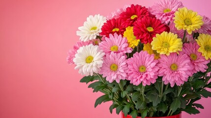 Colorful Chrysanthemums Bouquet on a Pink Background Vibrant Floral Arrangement with Copy Space