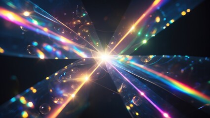 Blue light flare prism rainbow flares overlay effect on a background, with light passing through crystals and prismatic sun catcher reflections. Abstract blurry colorful lens flare bokeh against a ...