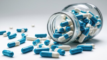 Scattered antibiotic capsules and bottle isolated on white.