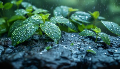 A group of plants with raindrops on them