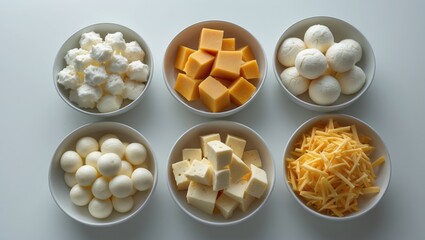 Set of cheeses - parmesan, mozzarella, diced, grated, and soft cheese in bowls isolated on a white background, viewed from above.