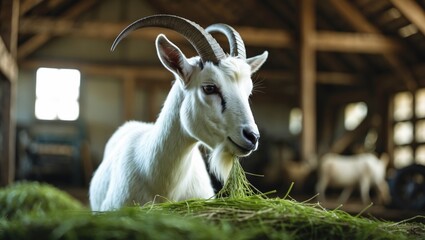White goat in the barn. Domestic goats at the farm. Adorable angora wool goat. A goat located in a barn on an eco farm.
