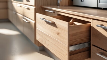 Wooden kitchen cabinetry featuring silver handles on the drawers.