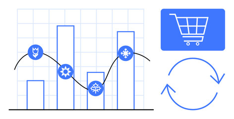 Bar graph with seasonal icons, shopping cart, and circular arrows representing data analysis, market trends, e-commerce, and recurring seasonal patterns. Ideal for business, retail, e-commerce © robu_s
