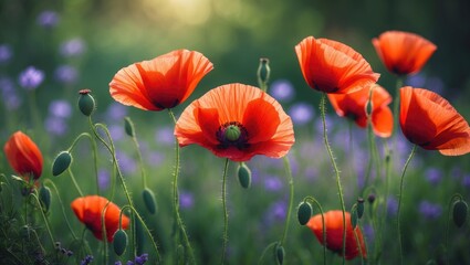 Fototapeta premium Delicate petals of red poppies in sunlight. Background featuring red poppy flowers. Beautiful red poppy and buds set against a light backdrop. Wildflower, beauty in nature. Close-up.