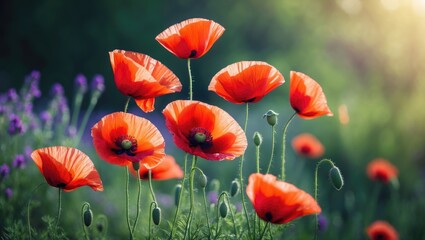 Fototapeta premium Delicate red poppies' petals illuminated by sunlight, with a backdrop of red poppy flowers. Stunning red poppy flower and buds featured against a light background. Wildflower, showcasing beauty in ...